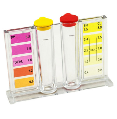 Testkit für den pH- und Chlor-Wert: Von jeder Flüssigkeit (jeweils eine Testflüssigkeit a´15ml vorhanden) brauchen Sie 6 Tropfen pro Messung.